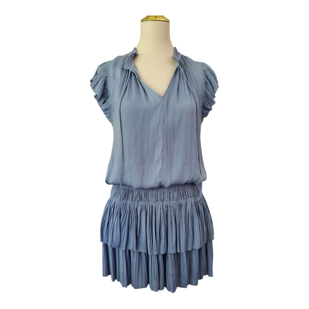 Current Air Zoey Pleated Mini Dress Womens S Blue Tiered Ruffle Drop Waist