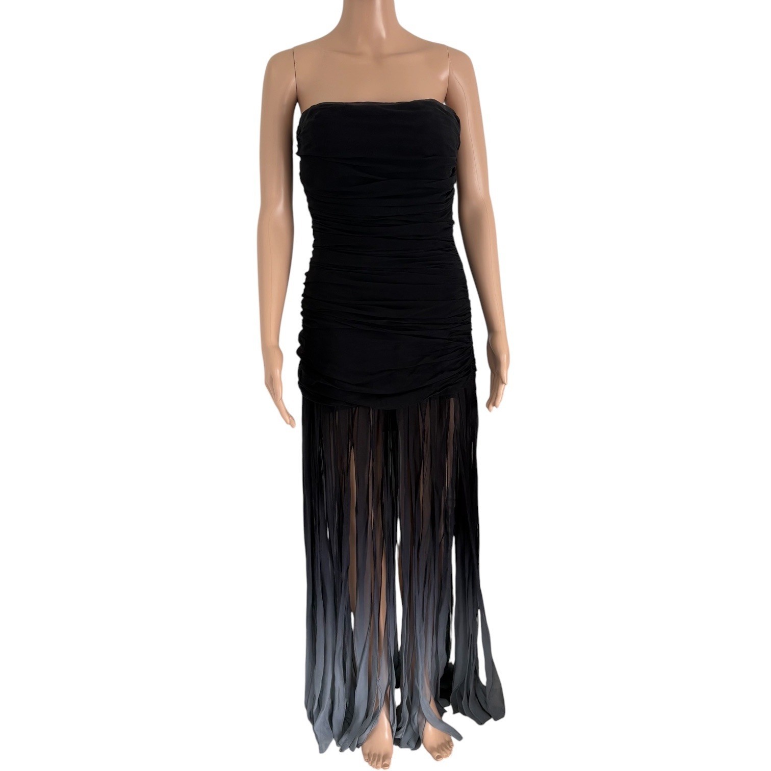 BCBGMAXAZRIA Strapless Silk Ruched Ombre Fringe Maxi Dress 8 Old Hollywood