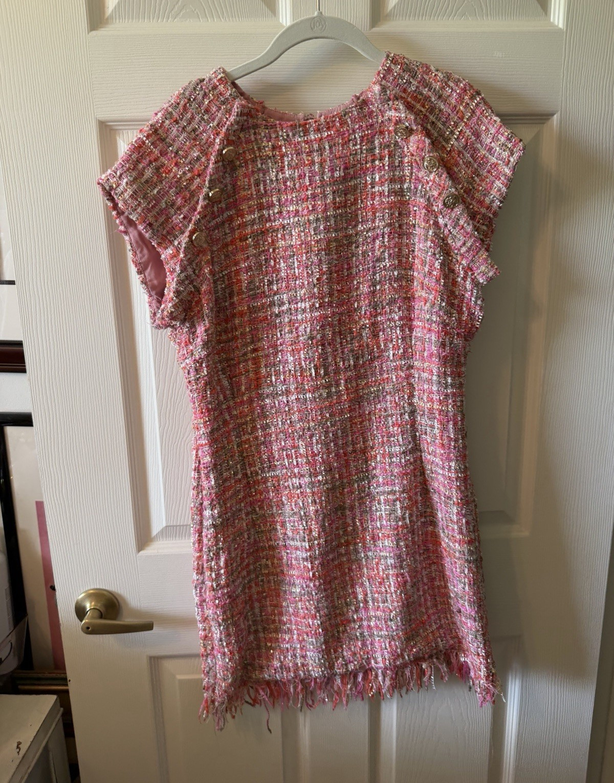 Women’s Pink White Tweed Mini dress Blouse Cap Sleeve Fringe Hem Keyhole Back L