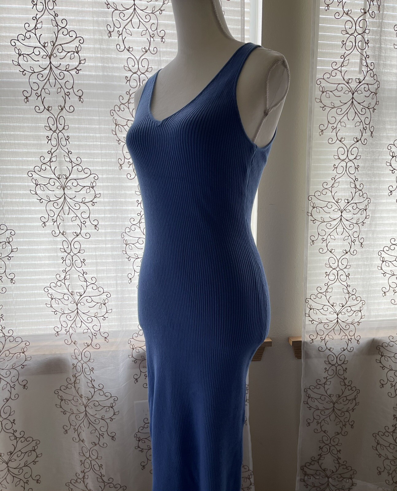 Hersy Women’s 60% Viscose 40% Cotton Blue Ribbed Sleeveless Dress Size Large