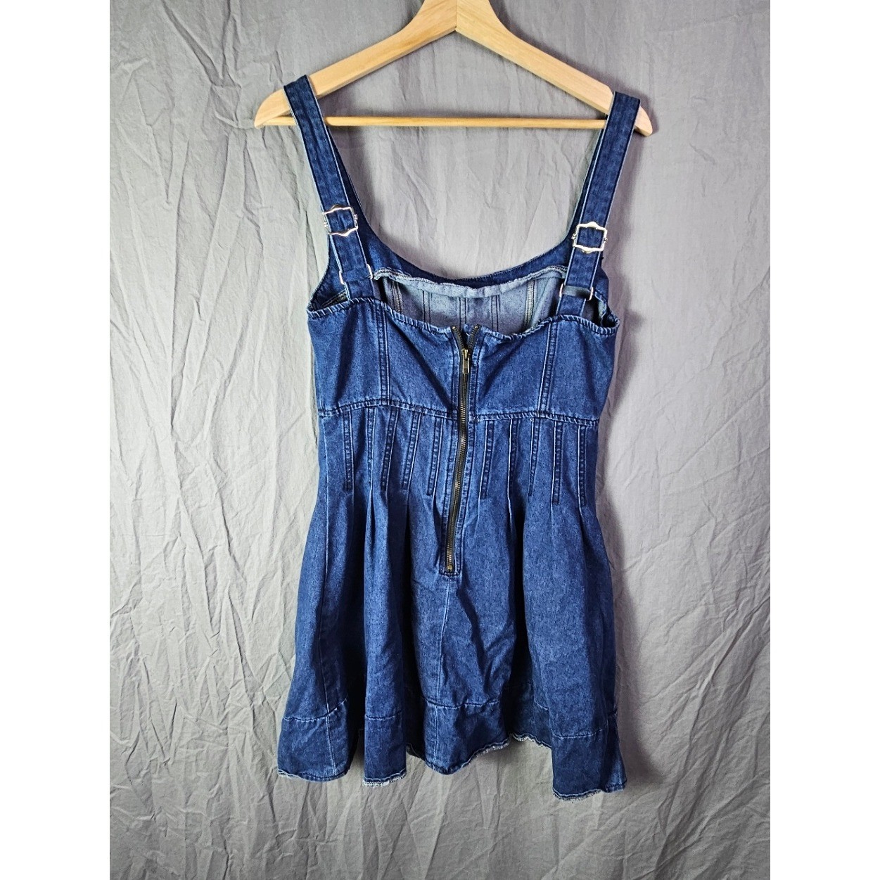 Dark Wash Denim Mini Dress Corset Bodice Pleated Skirt Raw Hem Blue Medium
