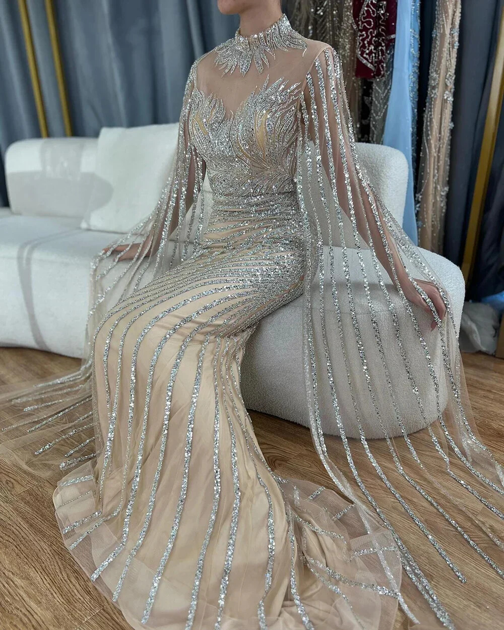 Mermaid Angular Sleeve Lace Bead Evening Dress Sweeping Train Prom Ball Gown