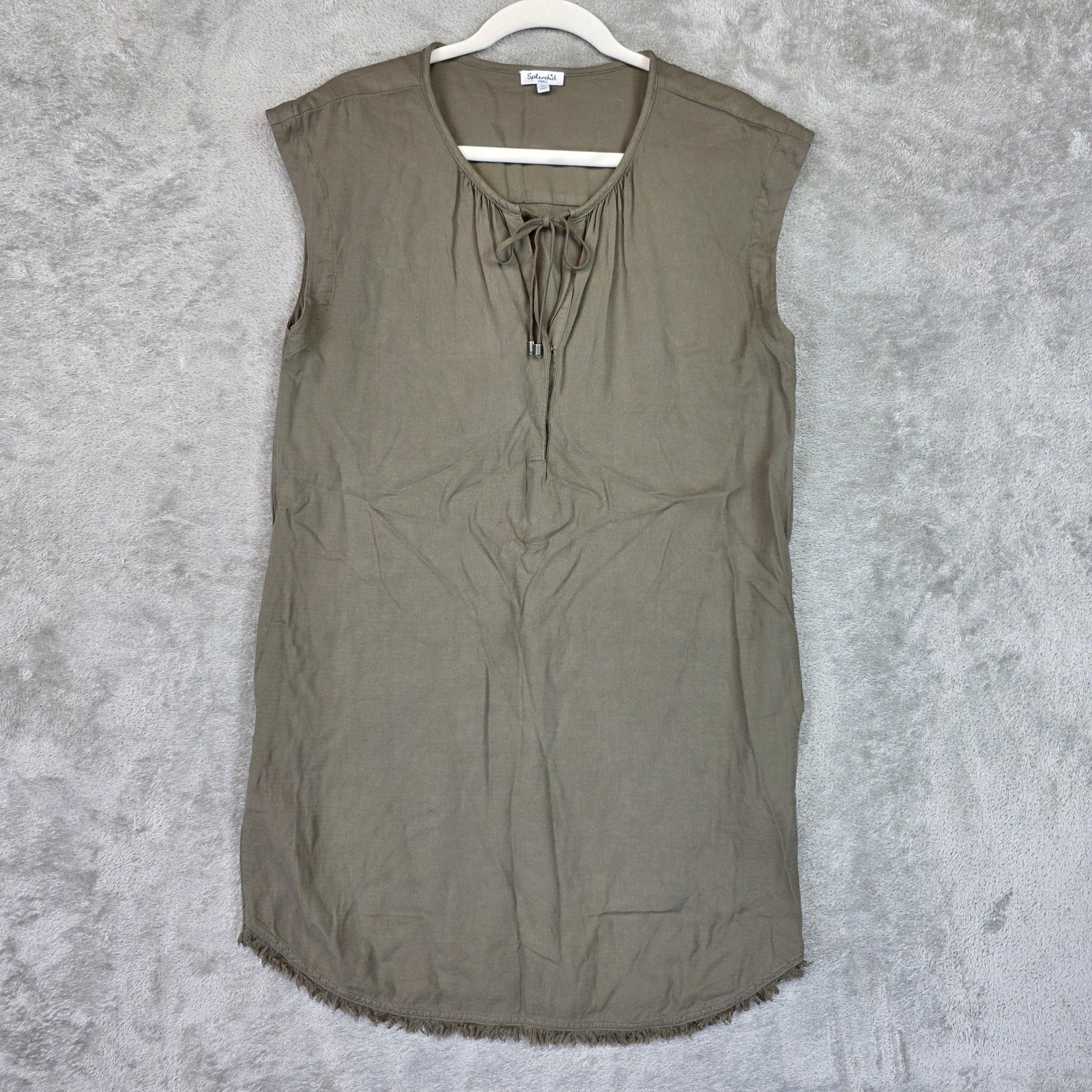 Splendid Dress Womens Small Green Sleeveless Tie Neck Shift Fringe Hem Tunic