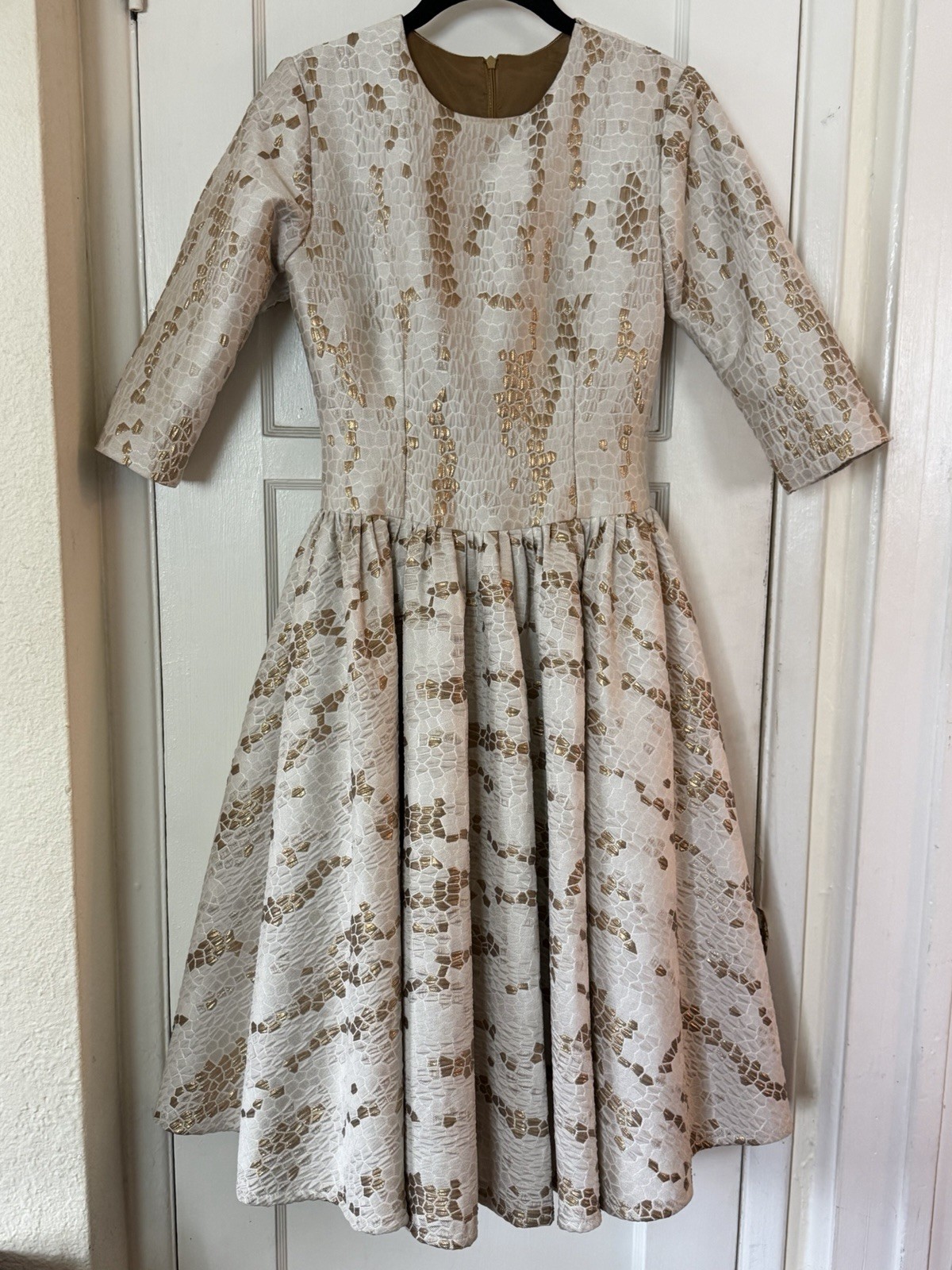 Ivory Gold Jacquard Geometric Fit & Flare Knee Dress 3/4 Sleeve Size S