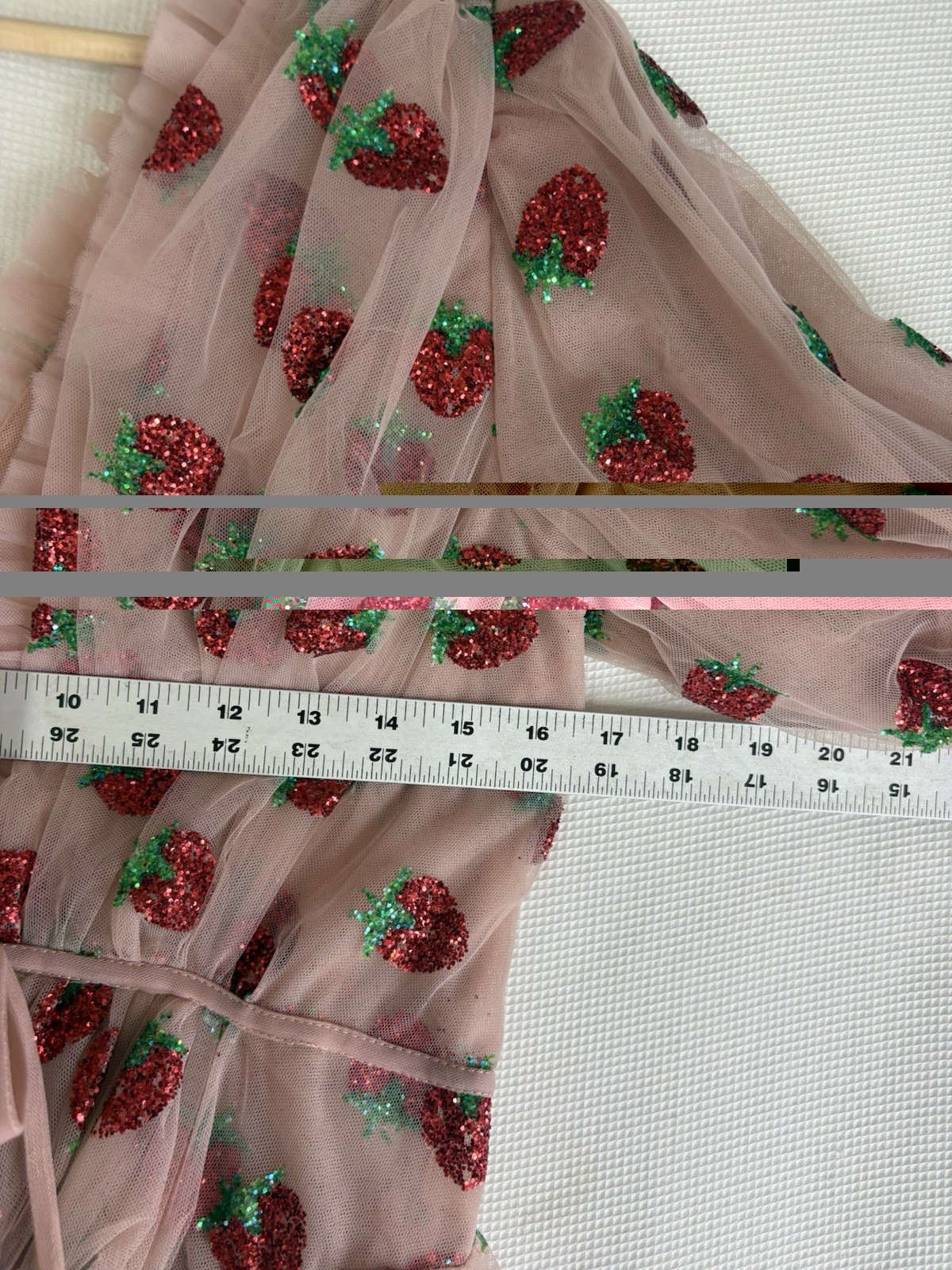 Lirika Matoshi Pink Strawberry Tulle Dress Puff Sleeve Midi V-Neck Lace Up Sz M