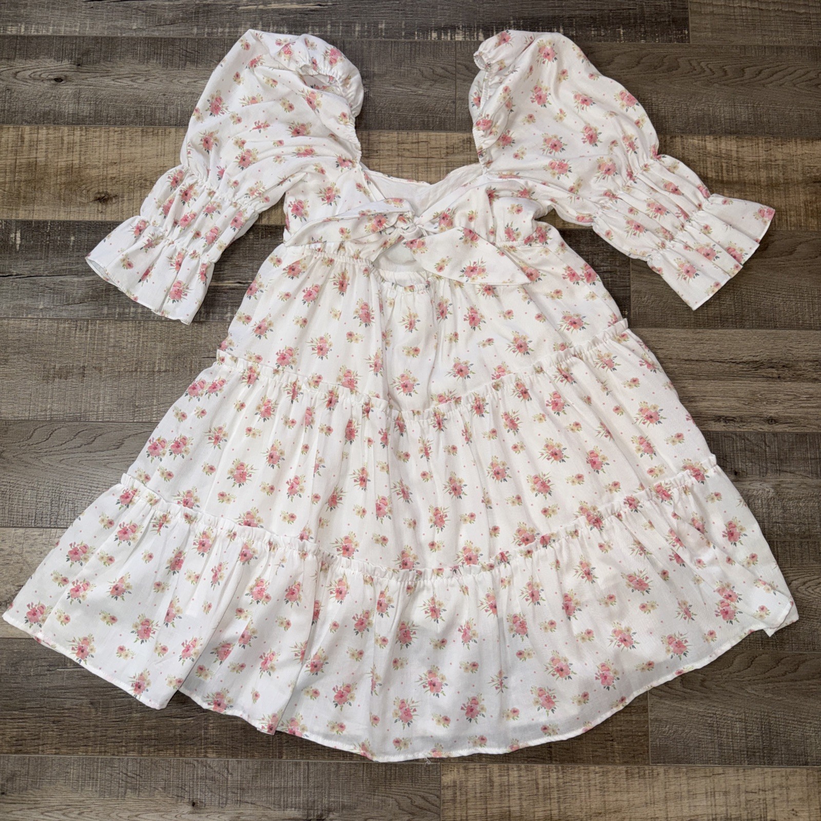 Storia White And Pink Floral 3/4 Ruffle Sleeve Tired Mini Dress Size S Cottage🔥