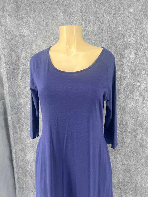 Jacansi Blue Tan M Solid Women’s 3/4 Sleeve Scoop Neck Polyester Cotton Dress