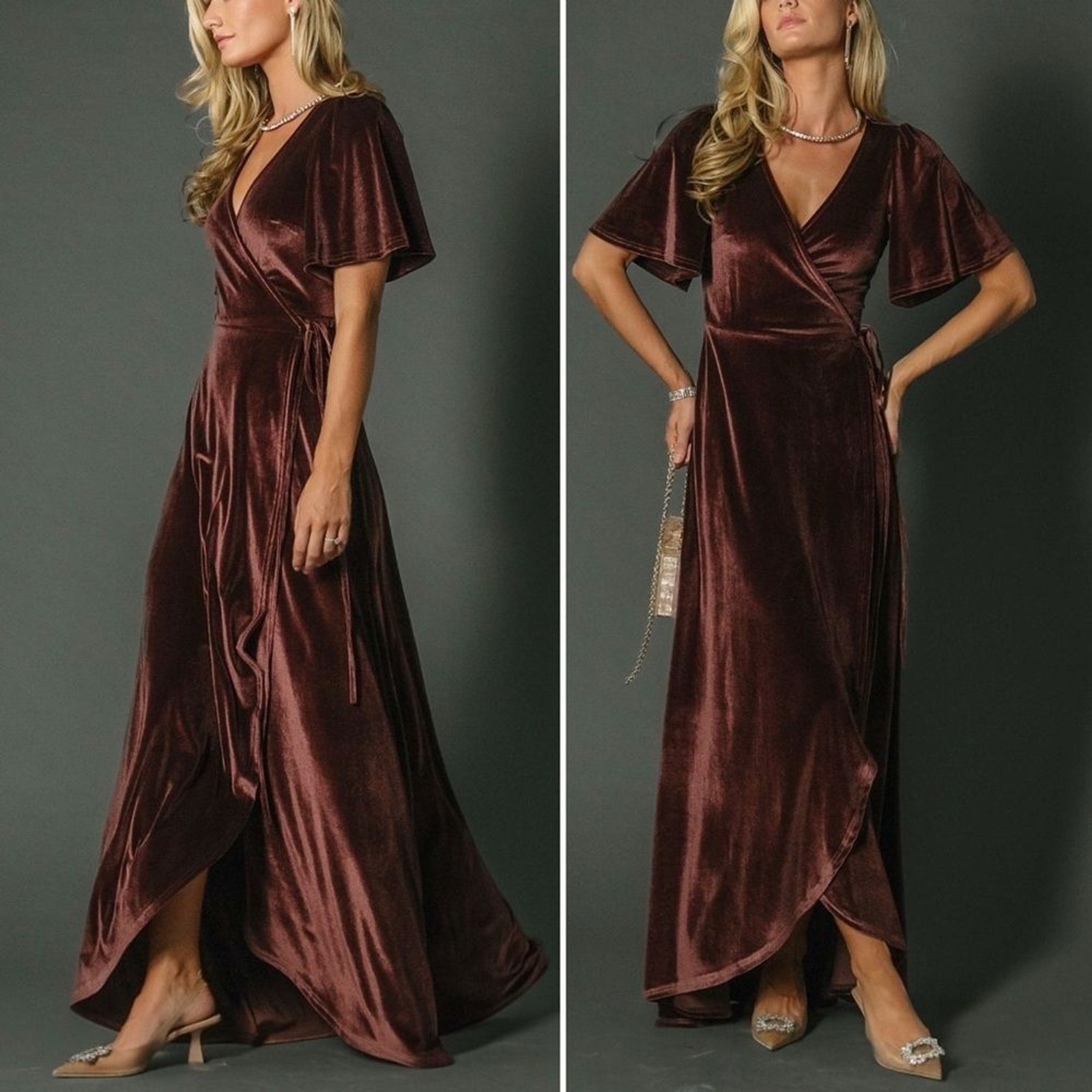 NWT Baltic Born Katelyn Velvet Maxi Wrap Dress Clove Brown Sz Small Tulip Skirt