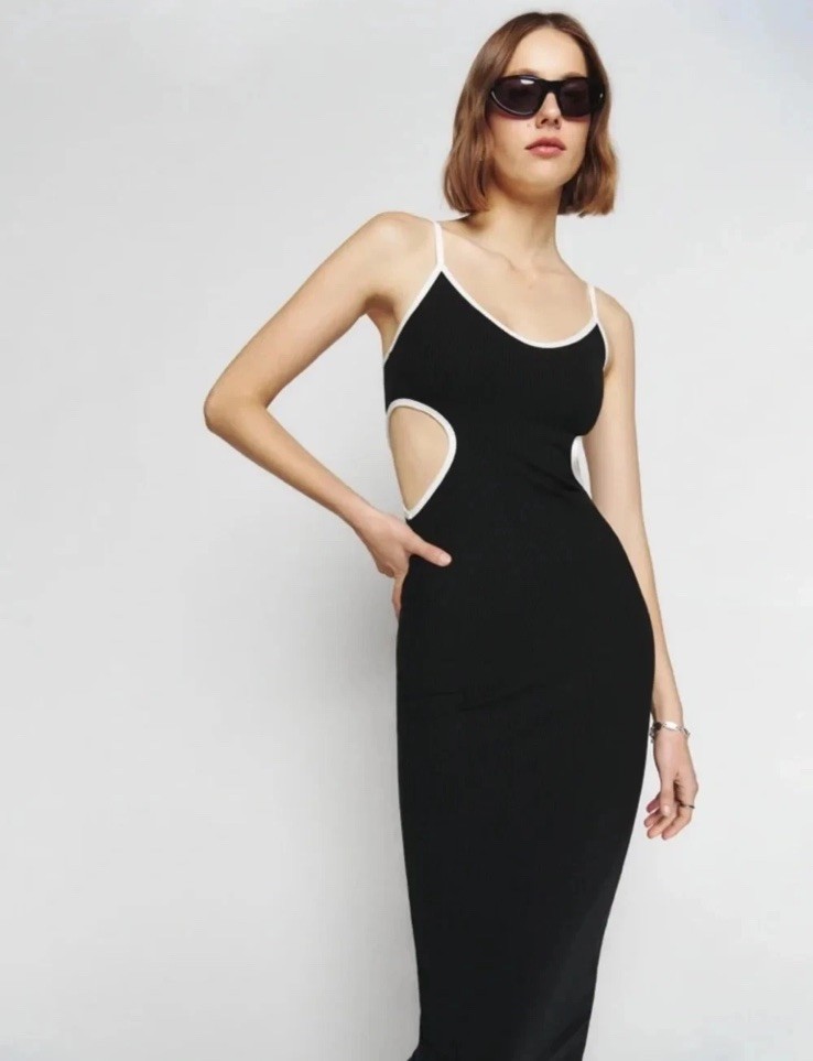 Reformation Lilou Black Ribbed Knit Maxi Cutout Bodycon Dress S Summer Resort