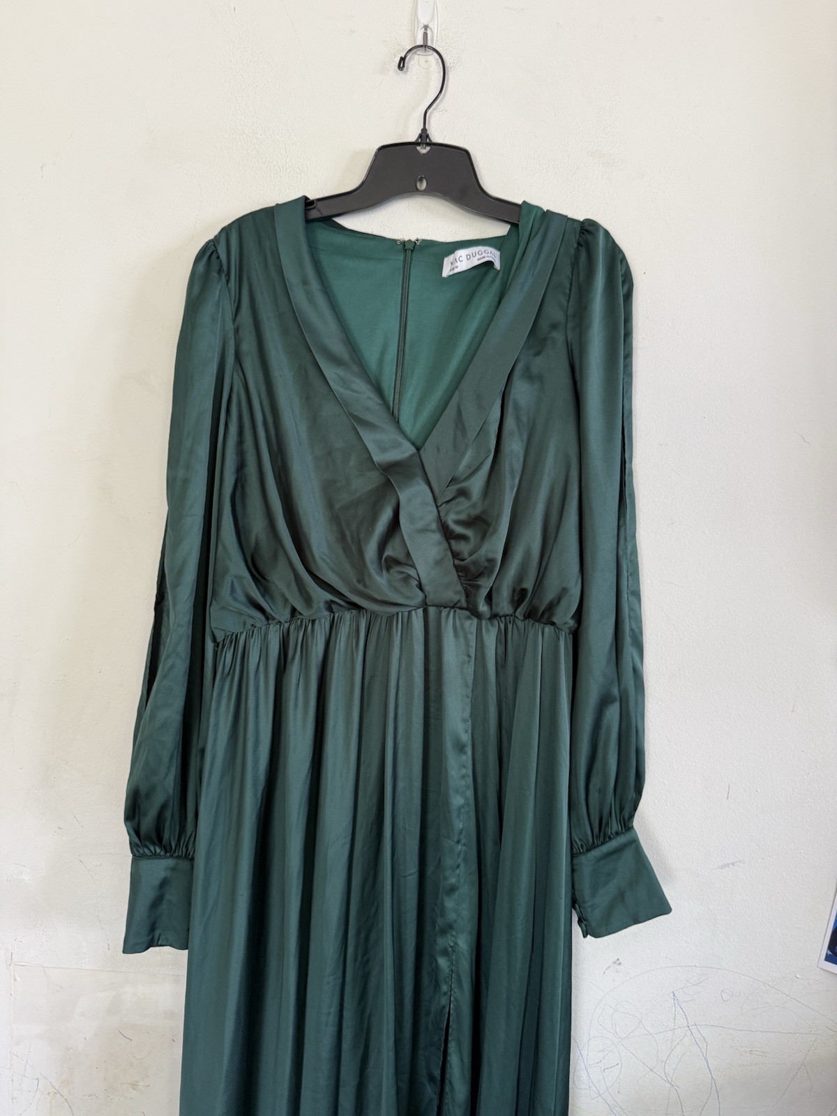 Mac Duggal Womens Emerald Green Satin Cinched Waist Dress, Bishop Sleeve, US 10