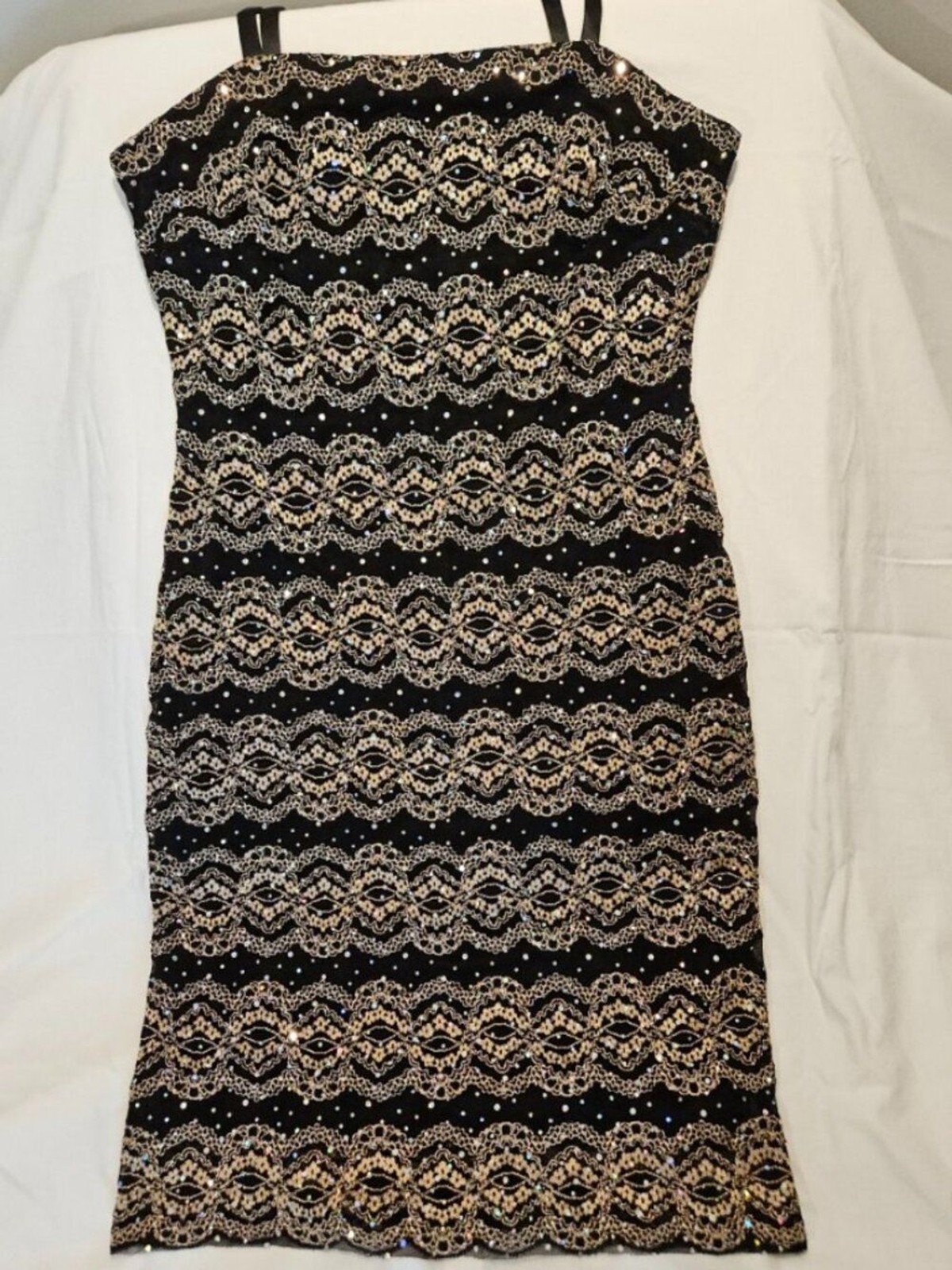 R&M Richards Metallic Gold Lace Rhinestone Cocktail Dress – 12