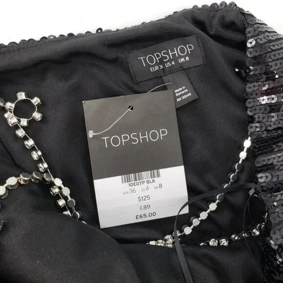 Topshop Sequin Embroidered Strap Fringe Dress 4 Black