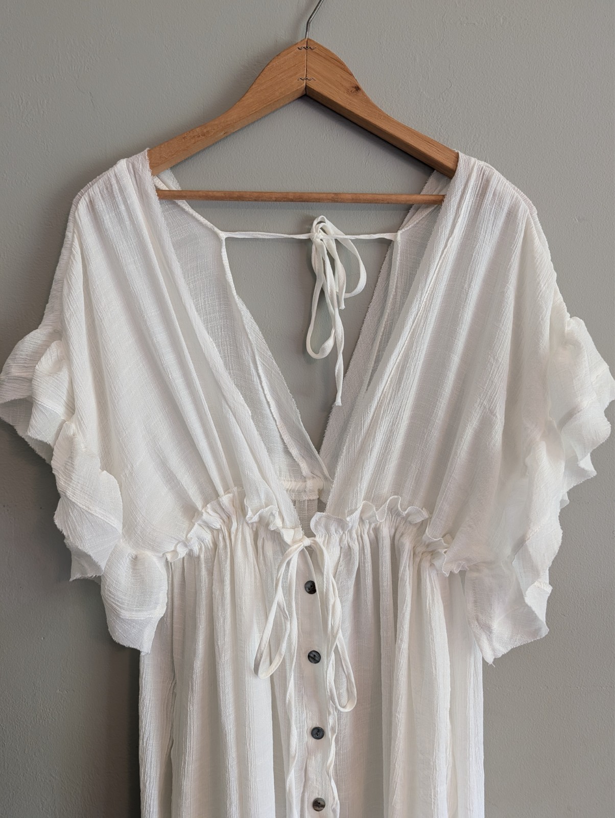 White Gauze Maxi Dress Cover Up Flowy Button Front Tie Back Boho Beach Feminine