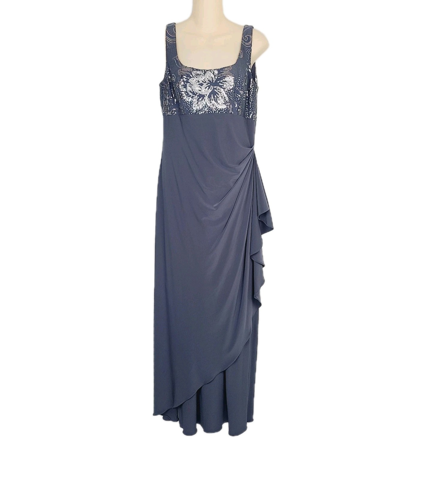 NEW Alex Evenings Gray Gown Bolero Jacket Set Sequin Side Ruffle Drape Dress 10