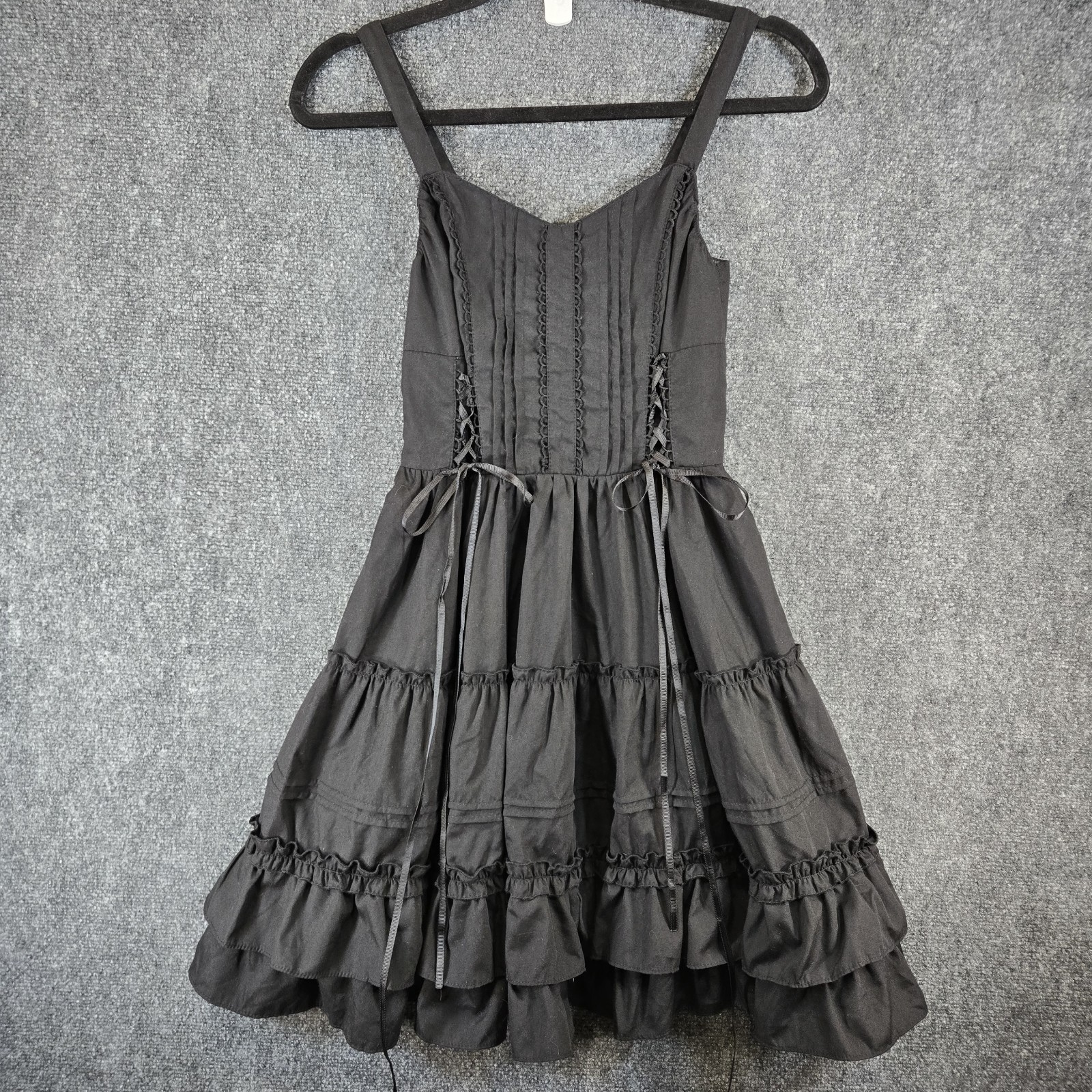 Black Gothic Lolita Lace Up Tiered Ruffle Smocked Dark Fairy Coquette Dress XS