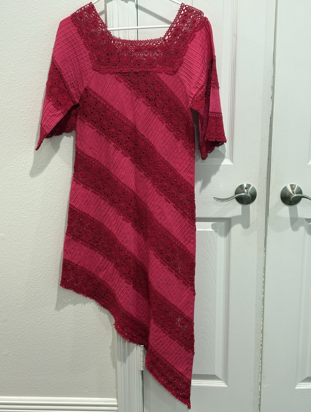 Vintage Pink Red Striped Lace Sheath Dress Crochet Asymmetrical Boho 3/4 32