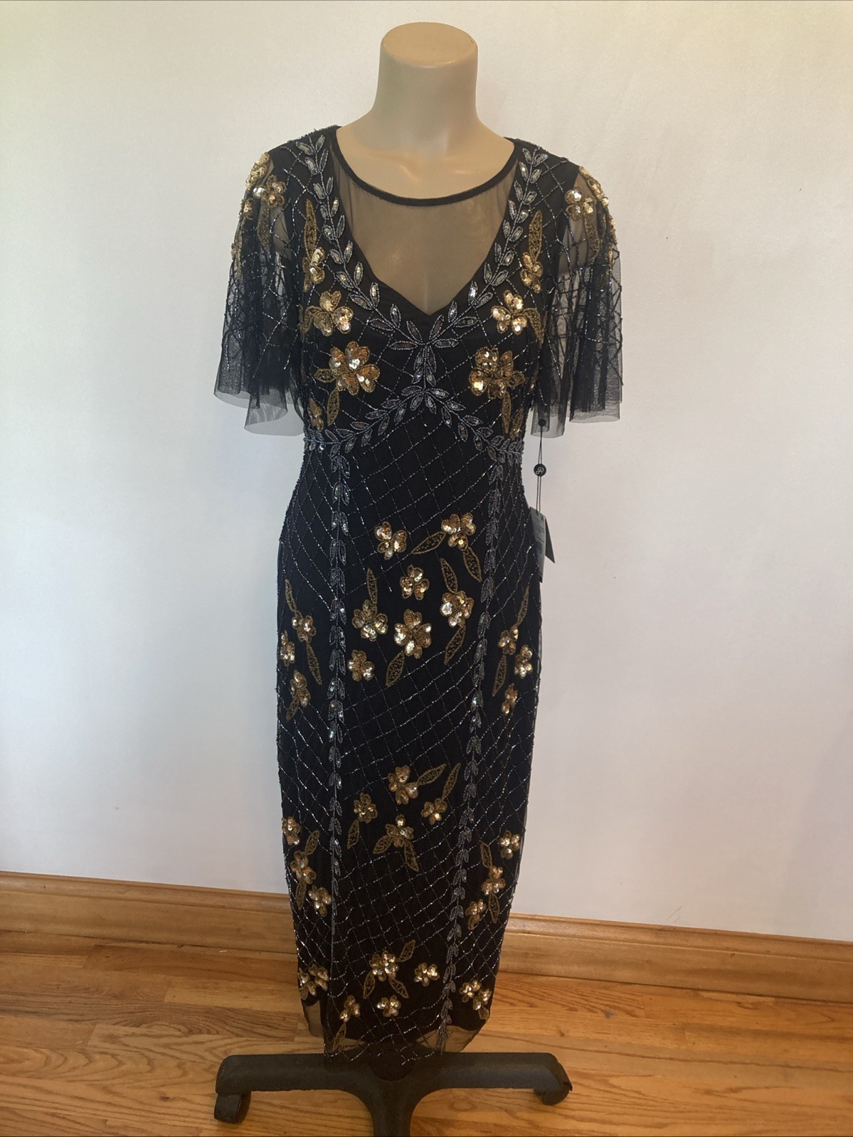New $299. Adrianna Papell size black & gold flutter beaded ankle dress