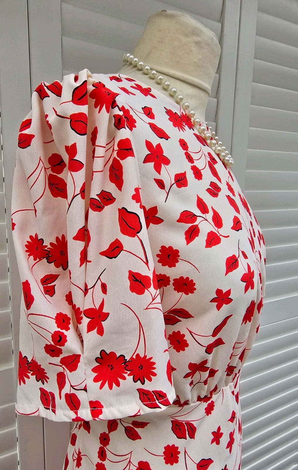 Vintage 1930s 1940s WW2 Style Ivory red floral midi tea dress Size 14