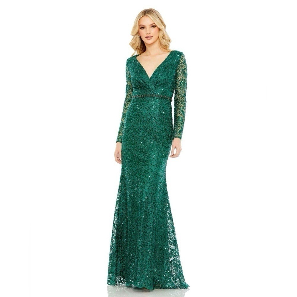 NWT Mac Duggal 68016 Emerald Green Beaded Illusion Sleeve Gown Dress Size 18