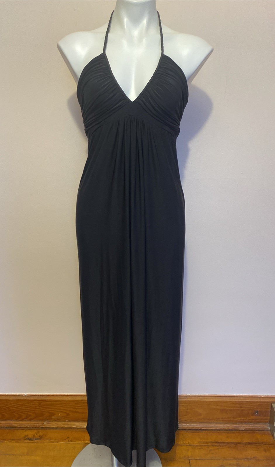 Misa Los Angeles Grecian Black Ruched Marilyn Monroe Maxi Dress Long Halter S