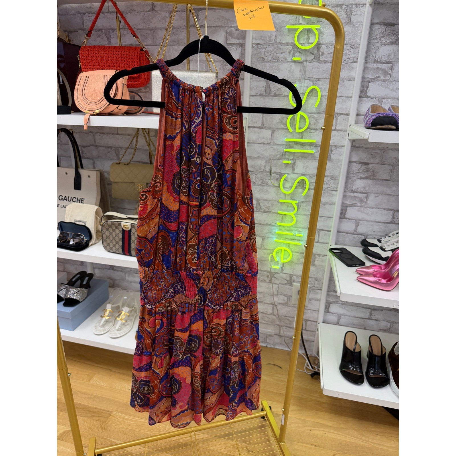 ALC Cory Silk Mini Dress Paisley Halter Smocked Waist Tiered Ruffle Orange Red 6