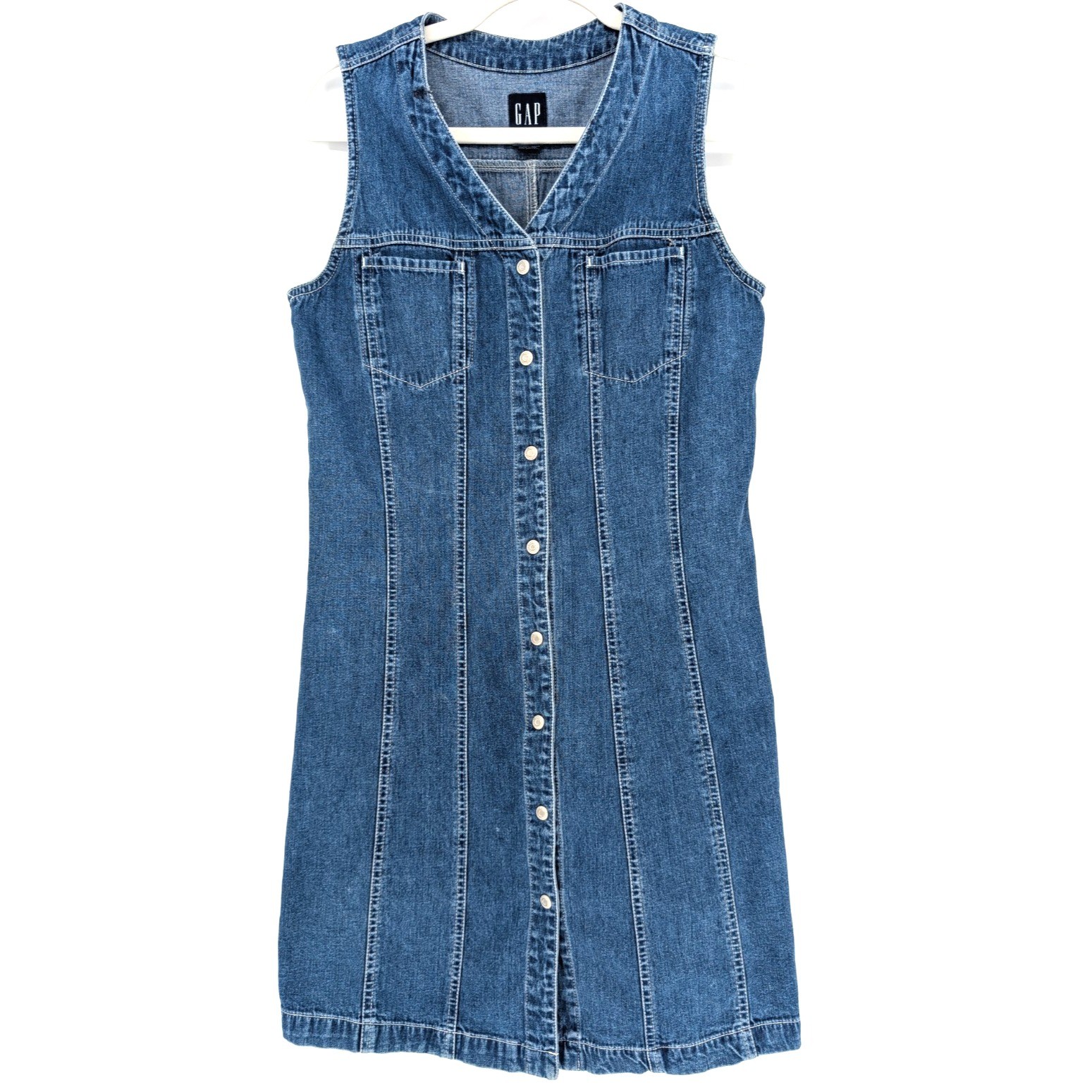 VTG 90s Y2K Gap Denim Snap Sleeveless Cotton Mini Dress Indie Prep Mod Twee 6