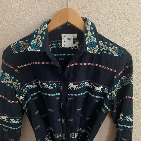 Finley Jeanette Taos in Navy Blue Western Horse Embroidered Shirt Dress XS