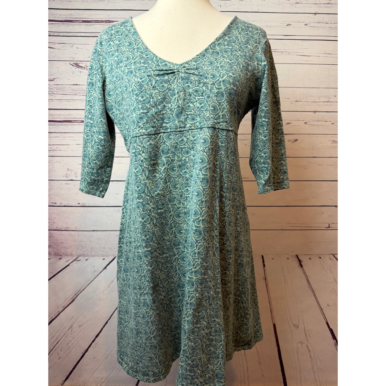 Toad&Co Rosalinda Dress Large Green Floral A-Line Knit Empire Waist Boho Ruched