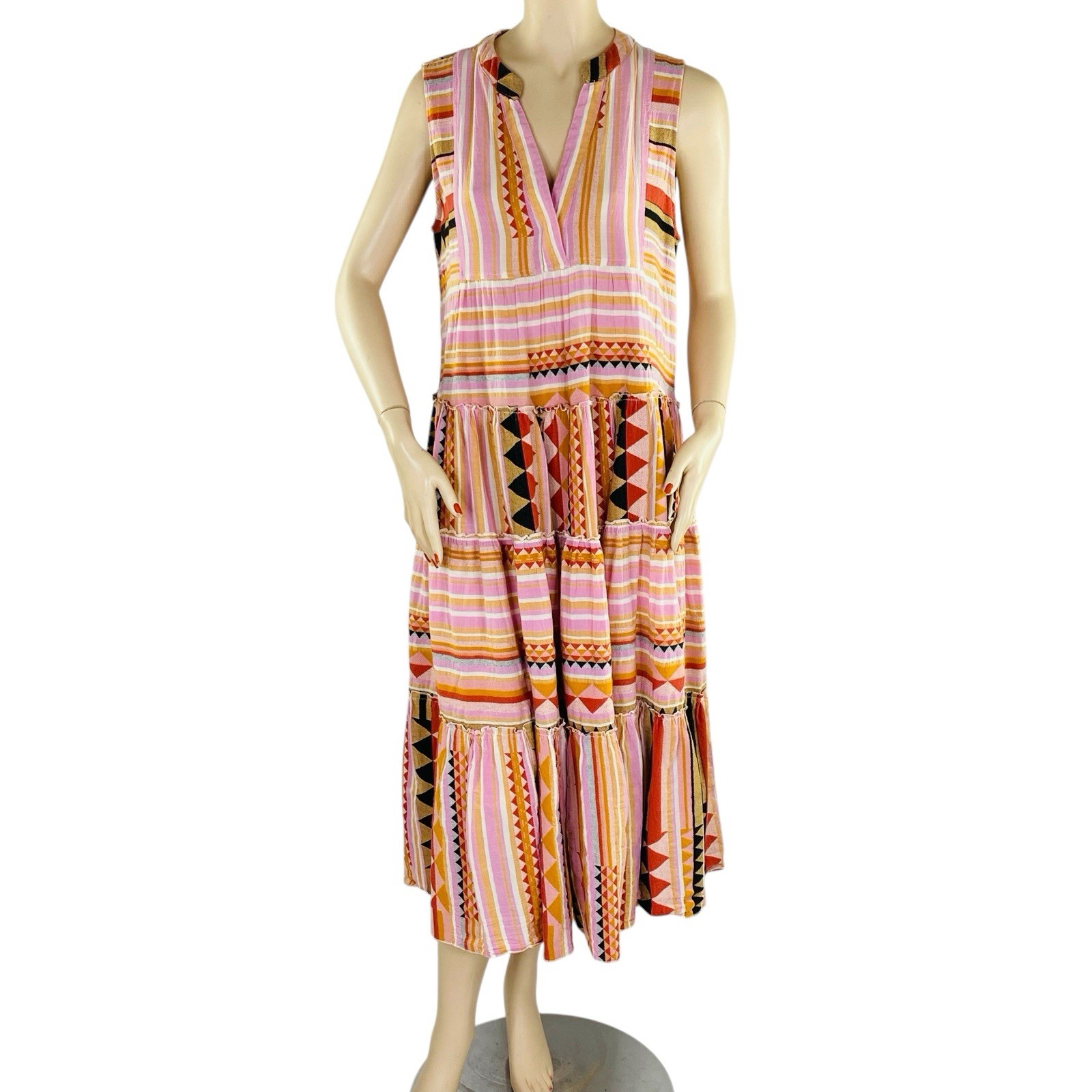 Devotion Twins Dress Aztec Festival Print Boho Chic Midi Cotton Coquette Med.