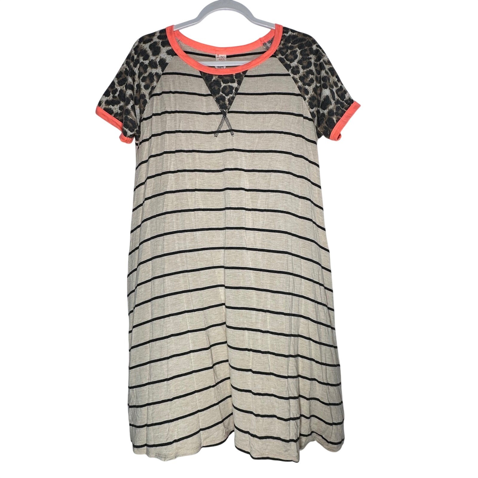 7th Ray Womens Striped Leopard Raglan T-Shirt Dress Neon Orange Trim Large