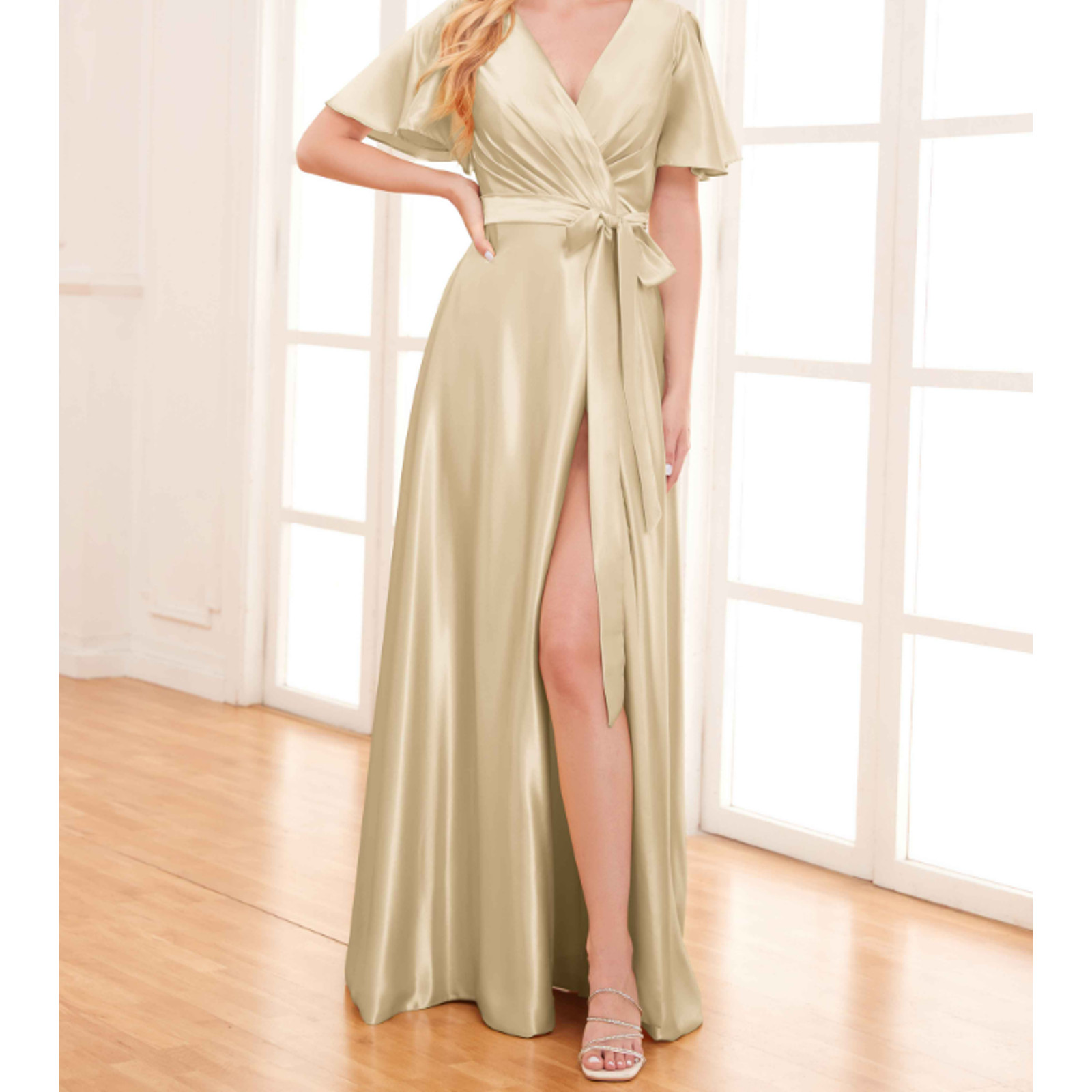 FORMAL SZ 6 S Cream Satin Flutter Sleeve Wrap Bridesmaid Maxi Dress NEW B24