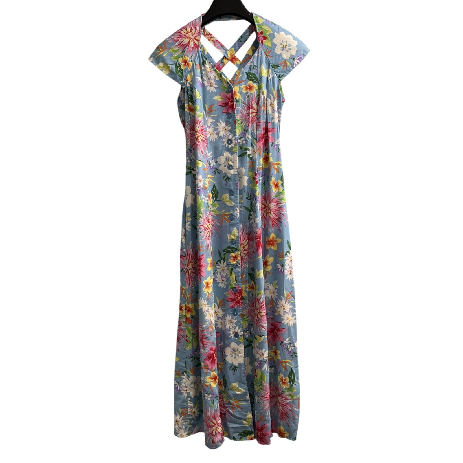 Vintage Scarlett Dress Womens 5/6 Blue Tropical Floral Button Front Maxi Resort