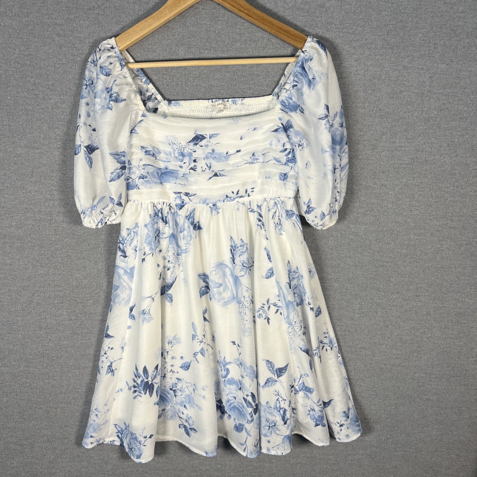 Y2K Blue White Floral Dress S Empire Waist Tucks Smocked Coquette Baby Doll
