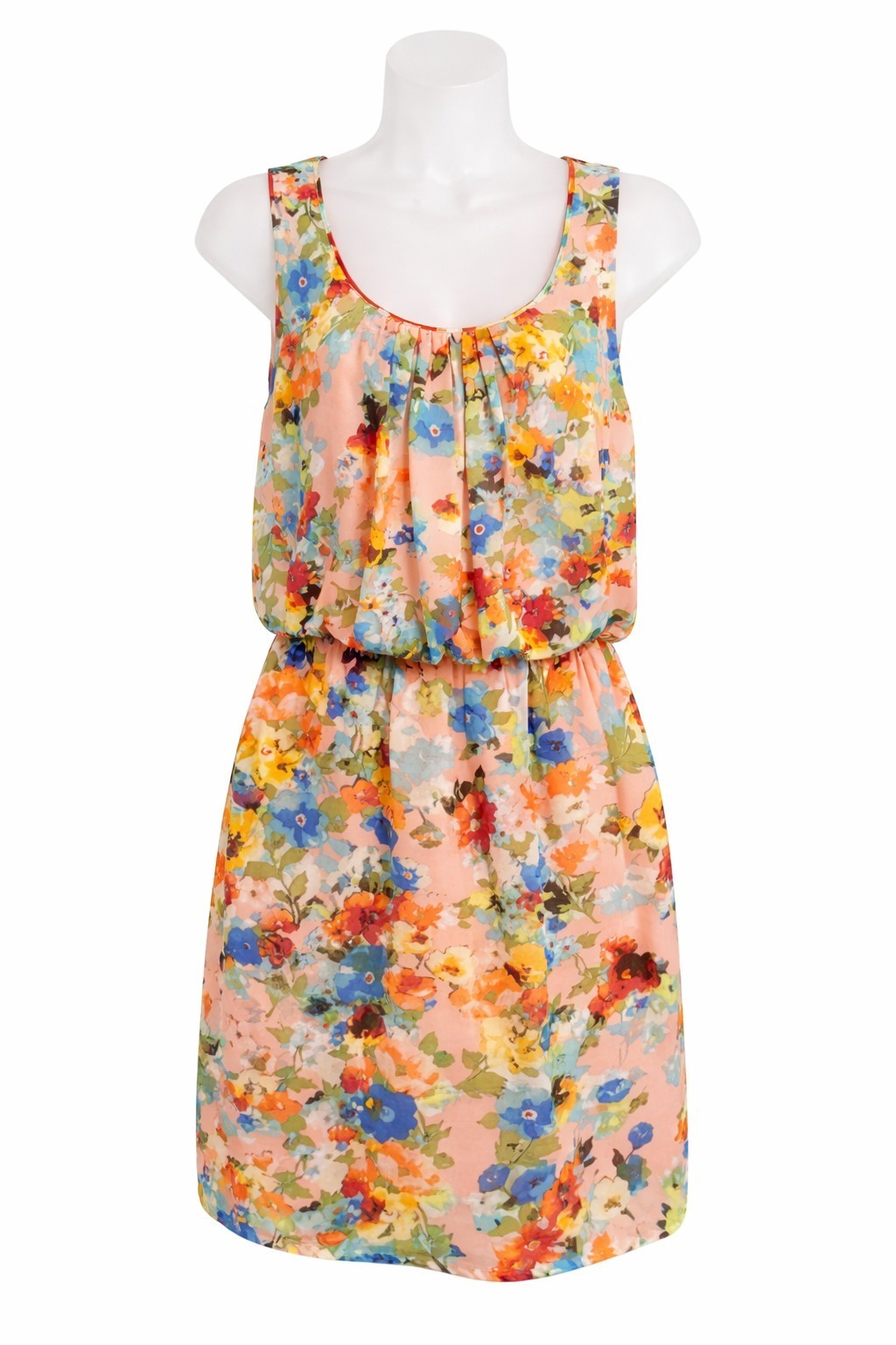 Floral Chiffon Blouson Dress Peach Multicolor Cottagecore Garden Party Charlotte