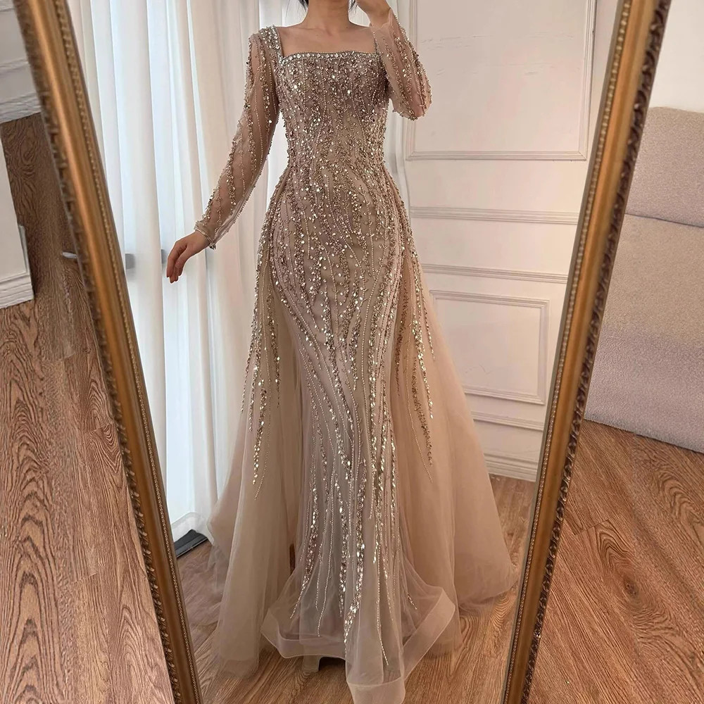 Luxury Arabian Caramel Beaded Mermaid Evening Dress Luxury Crystal Ball Gown
