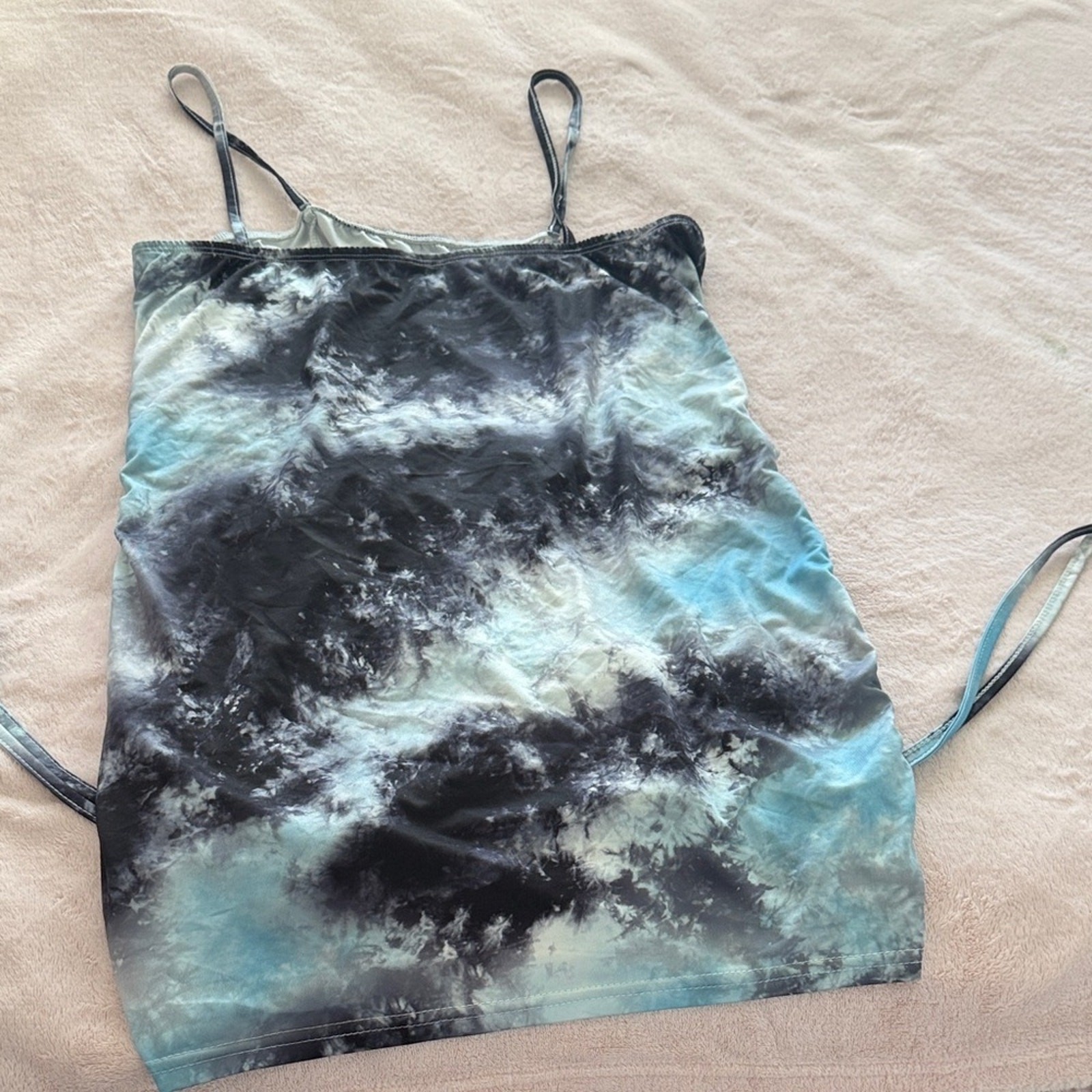 SHEIN Blue Black Tie Dye Ruched Side‎ Bodycon Mini Dress Cami Straps Womens XL