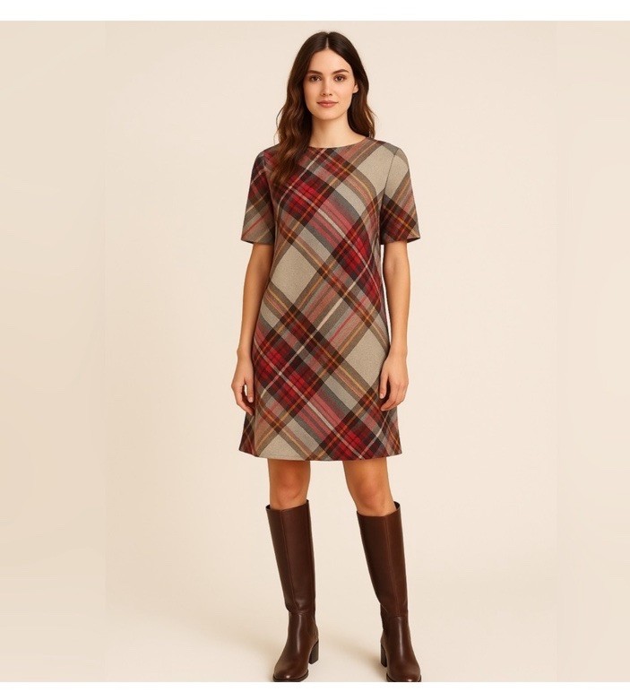 Plaid Shift Dress Small Grey Brown Red Short Sleeve Fall Autumn NWT Lightweight