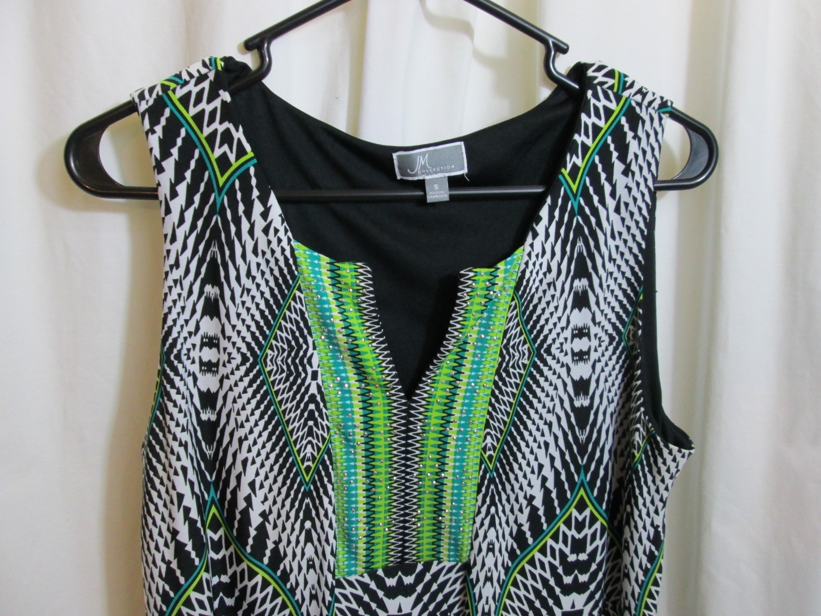 JM Womens Shift Dress Blk White Green Turq Silver Studs Poly Sleeveless Sz Small