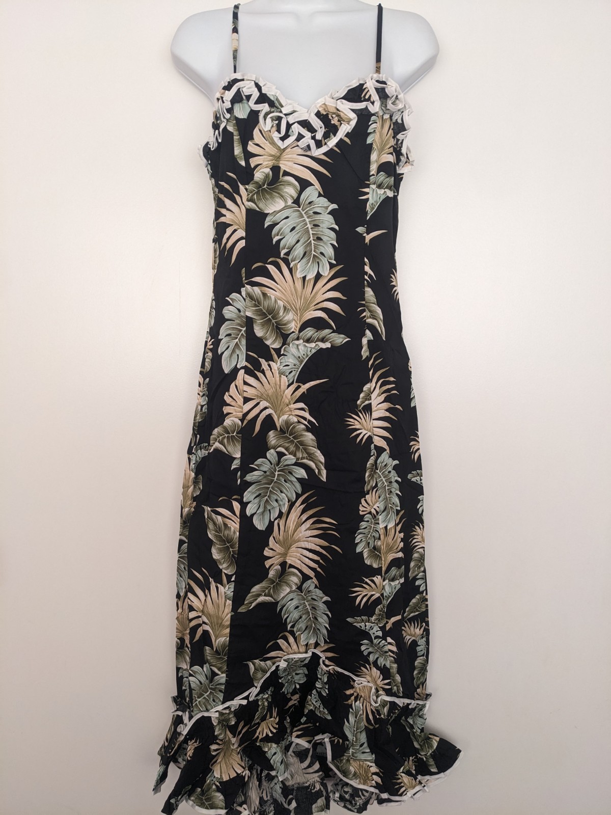 New Ky’s Hawaii Maxi Hawaiian Ruffle Dress Black Leaves floral spaghetti strap