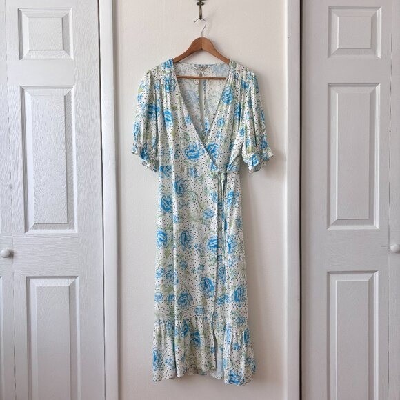 Miss Selfridge Allover Floral Print Cutout Back Wrap Midi Dress Blue Size 12