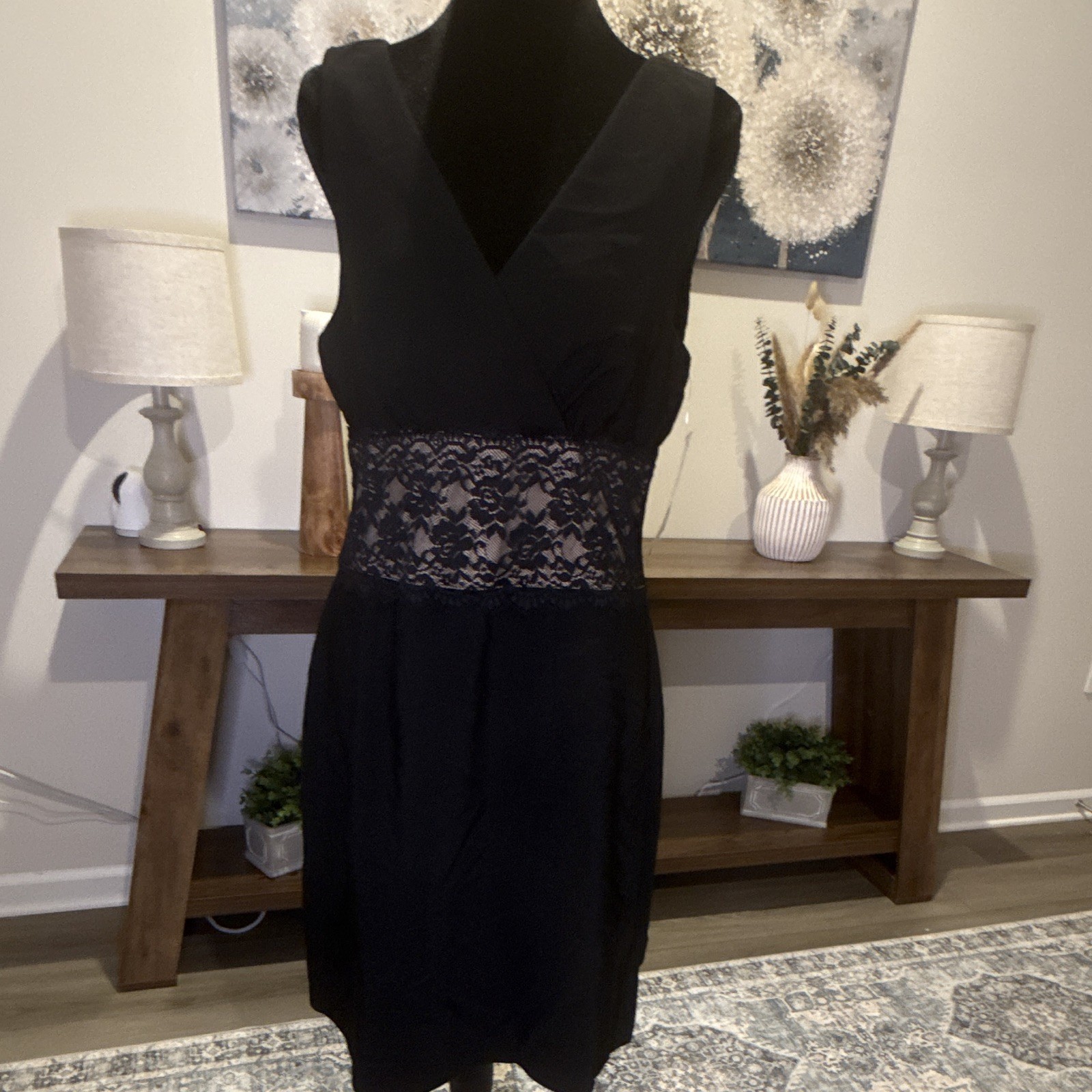 Connected Apparel Black Sheath V-Neck Sleeveless Lace Waist Lined Dress 12