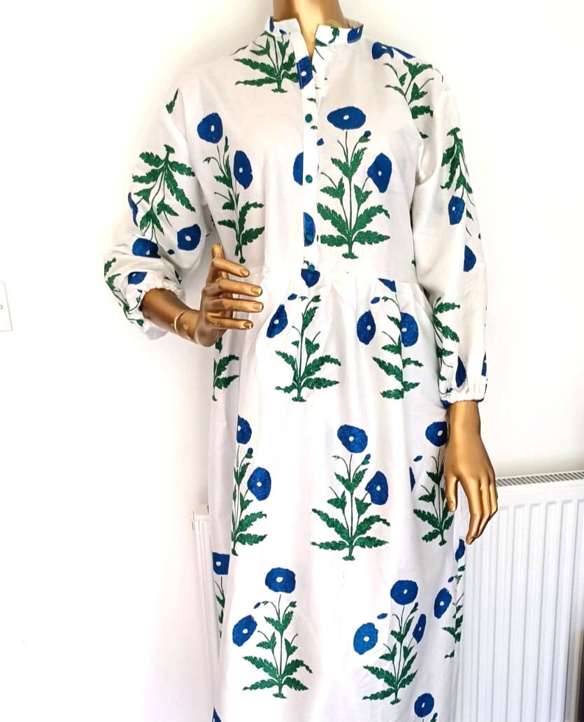 Indian Hand made Block Print Organic Cotton Floral Dress for Women All Seasons
