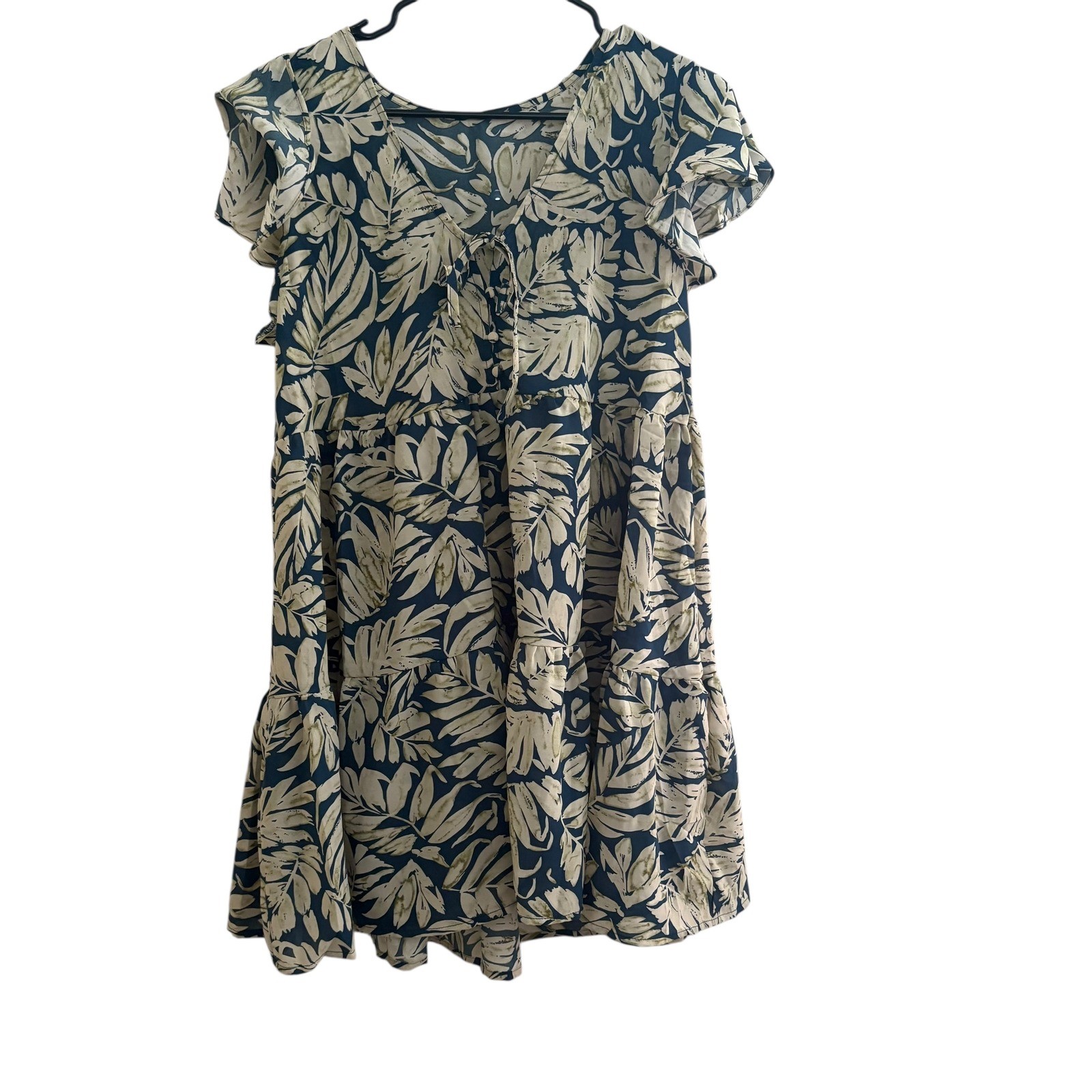 Cupshe Women’s Dress Small Blue White Leaf Print Ruffle Short Sleeve Tiered NWT