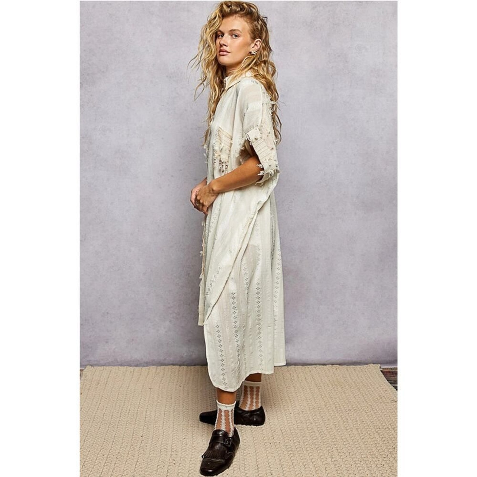 POL Dangle Trim Textured Cotton Oversized Long Shirt Dress – Cream