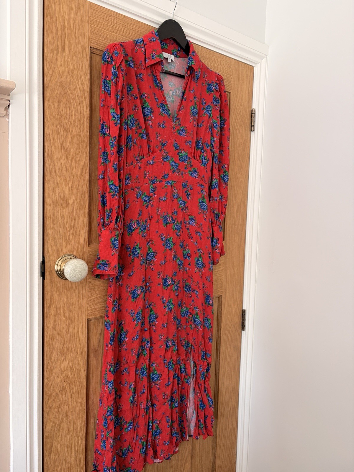 Ghost London Size S Red & Blue Ditsy Floral Collar V-Neck Midi Dress