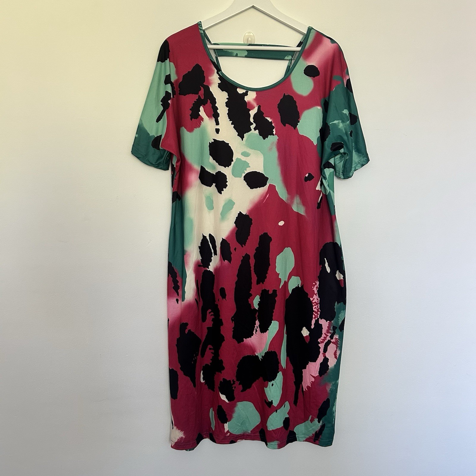 Summer Dress Womens One Size Pink Green 3/4 Sleeve Round Neck Midi Casual