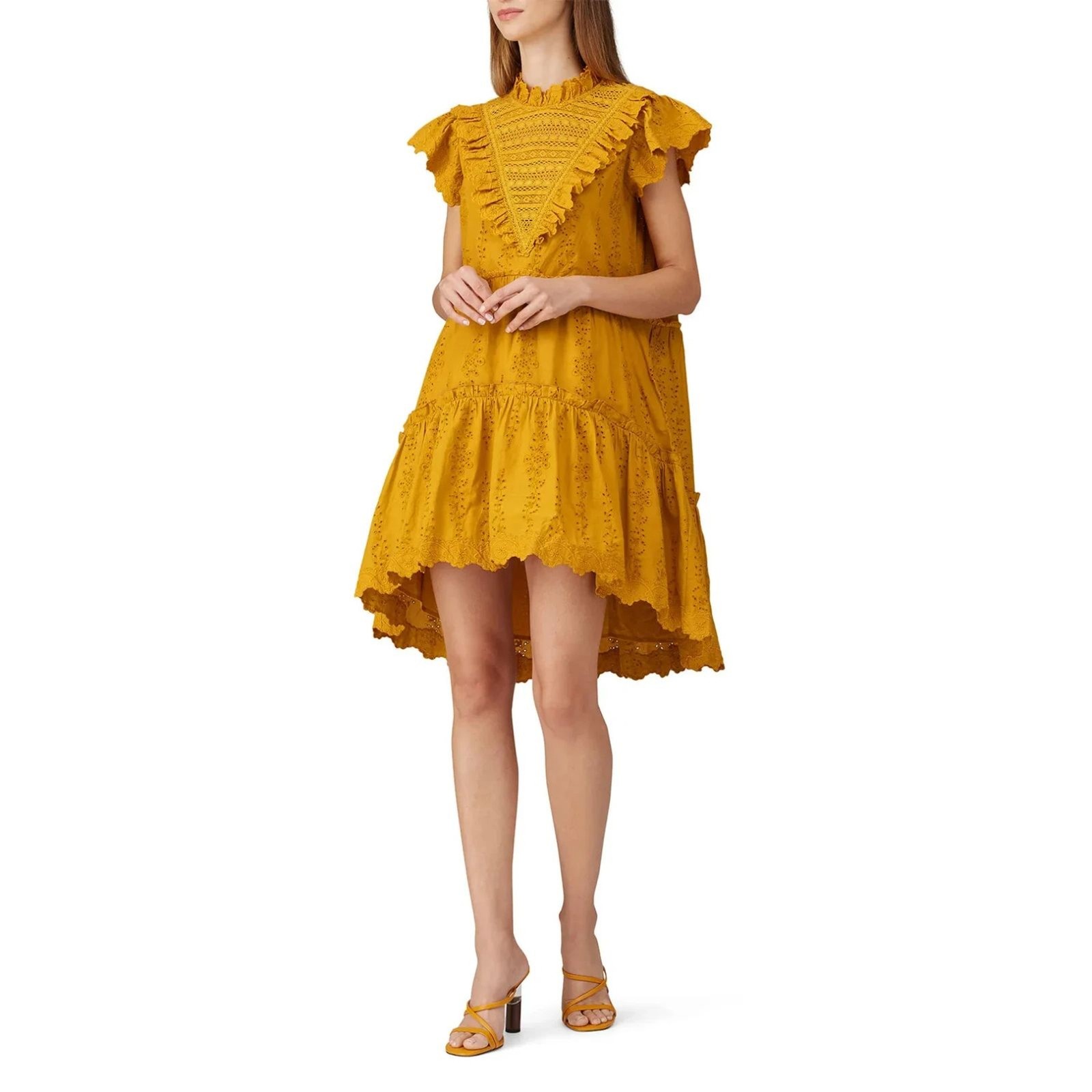 Sea New York Yellow Tiered Eyelet Cotton Ruffle Mini Dress 6 M Saffron Sun Dress