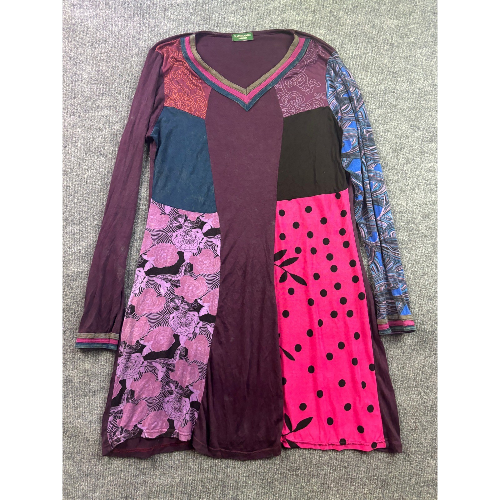 Kathmandu Imports Patchwork Tunic Dress Womens M Purple Boho Floral Polka Dot