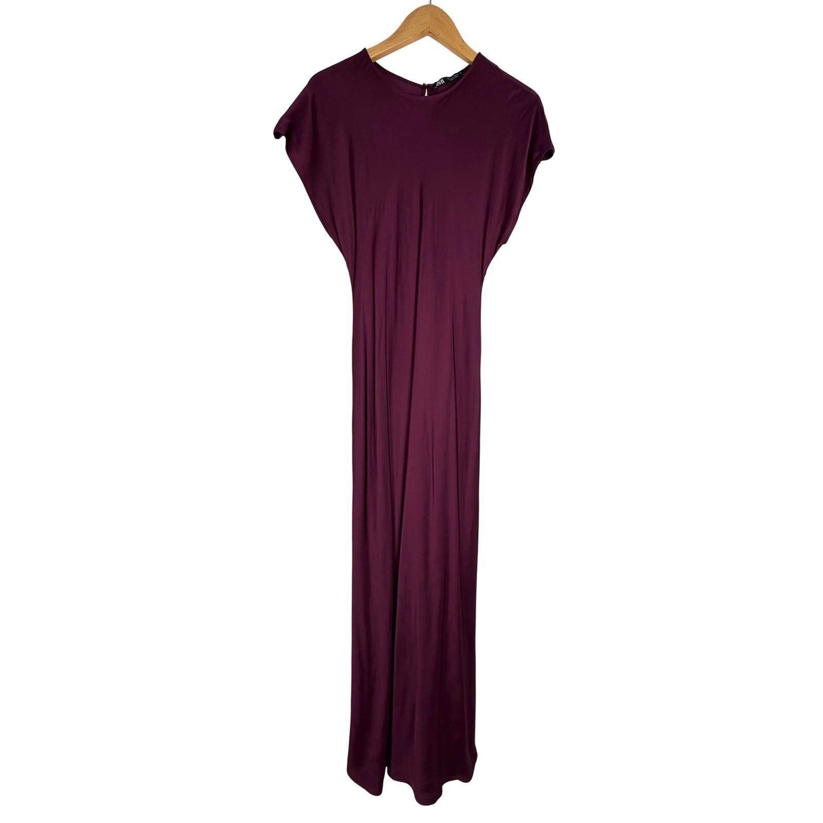 Zara Burgundy Satin Maxi Dress Cap Sleeve NWT Size S Minimalist Plum Wine