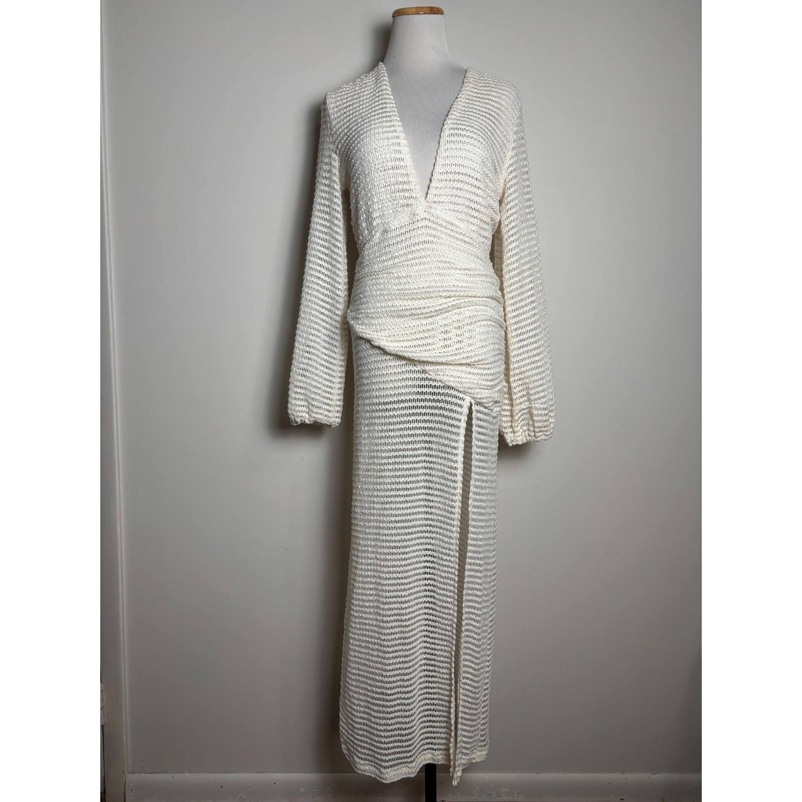 FORE Womens Sheer Crochet Maxi Dress M Festival Beach Cover-Up Cream Open Knit